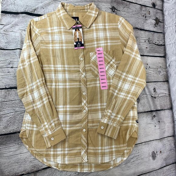 GAP Tops - NWT Gap Tan Plaid Flannel Shirt 100% Cotton Size Small